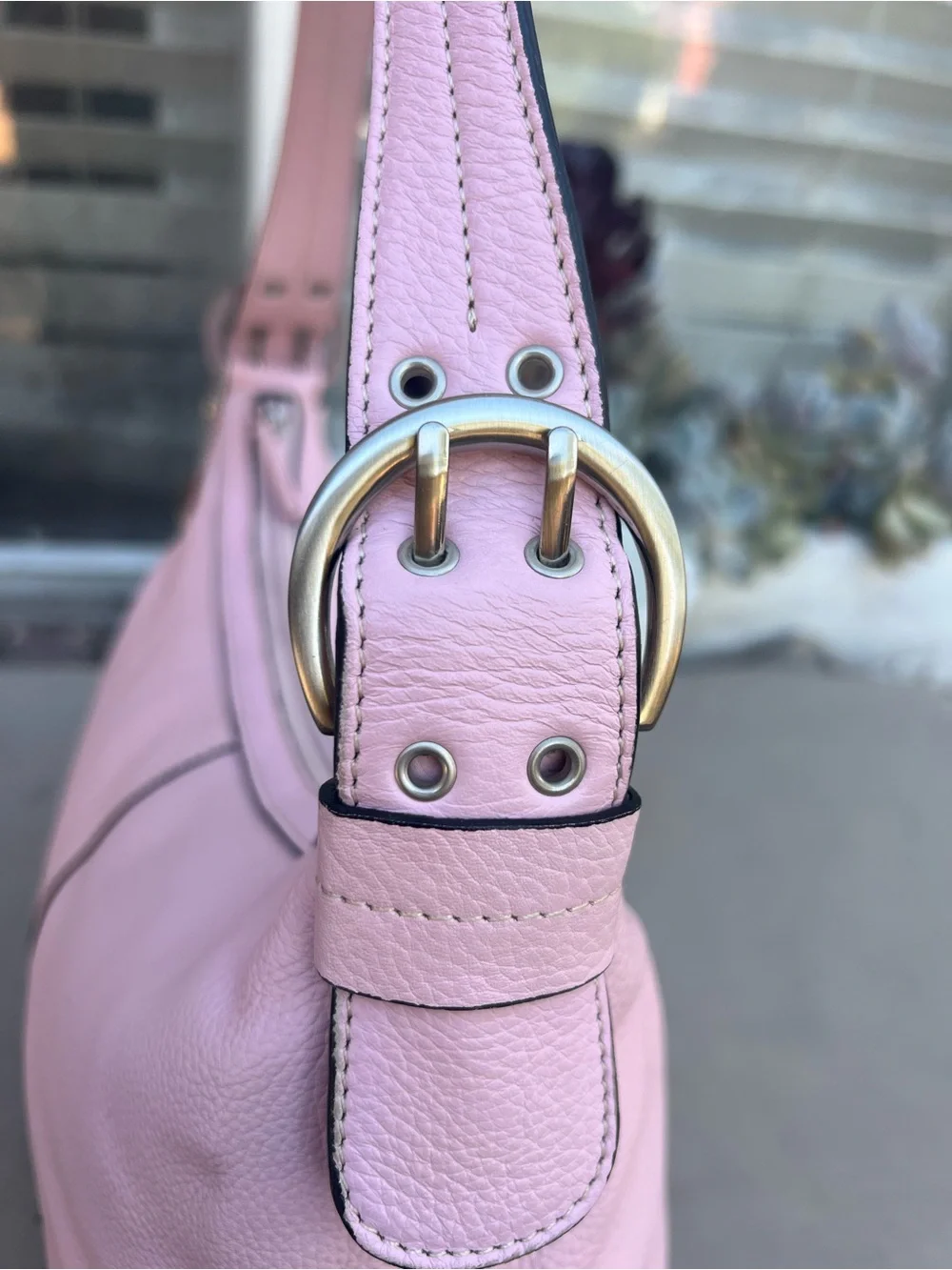 Soft Pink Pebbled Leather Shoulder Bag with Buckle Detail